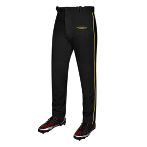 Exxact Sports Home Run Men's Baseball Pants with Piping - Full-Length, Semi-Relaxed Fit, Open-Bottom Adult Baseball Pants - (Black/Gold Piping)