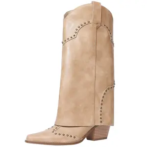 LOCERICH Women's Fold-Over Mid-Calf Chunky Heel Snip-Toe Cowboy Cowgirl Pull-On Studded Boots Beige Casual Footwear Stylish
