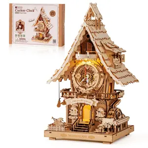 ROBOTIME 3D Wooden Puzzles for Adults-Cuckoo Clock Wooden Models for Adults to Build-435 Piece Model Kit with 2 Lights-Gift for Craft Enthusiast Model Building Set (LC901 Natural)