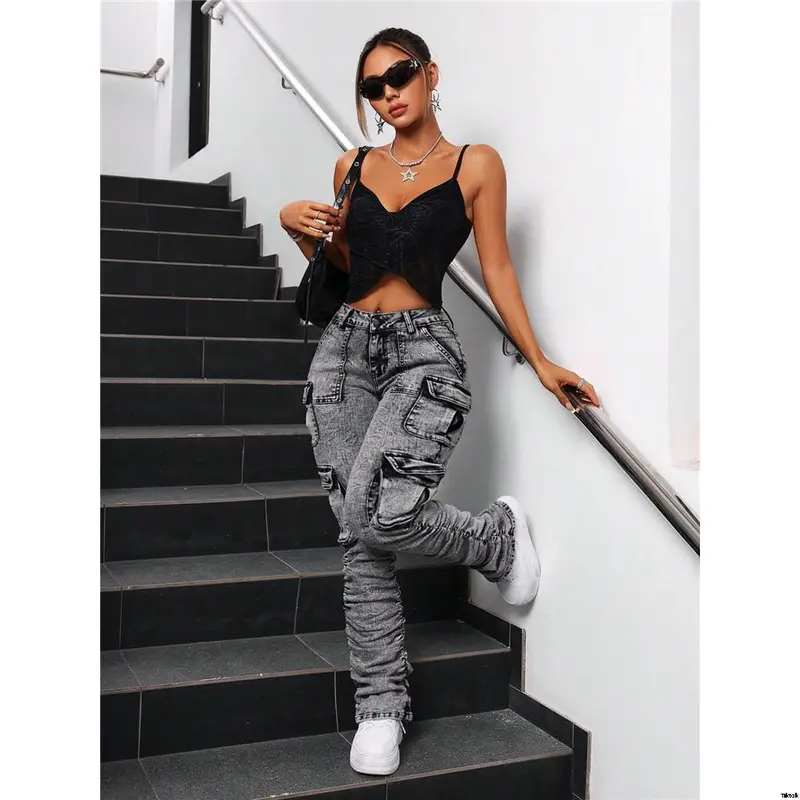 jeans style street folding pockets flap women's ICON SHEIN