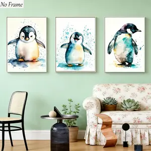 3 Piece Art Canvas Print Poster Set, Cute Watercolor Penguin Wall Decor, Frameless Design, Perfect for Living Room, Bedroom, Bathroom, Office