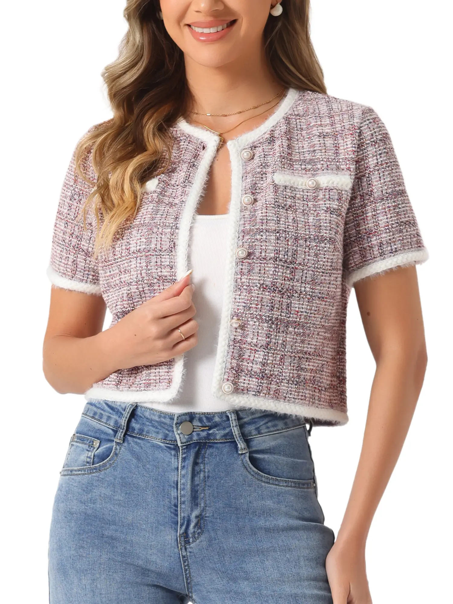 INSPIRE CHIC Short Sleeve Tweed Jacket for Women's Collarless Crew Neck Button Front Top Cropped Cardigan