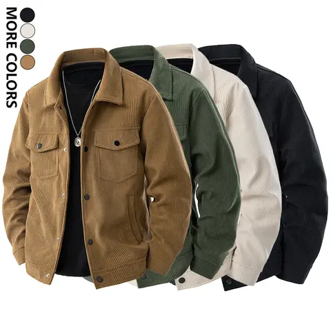 Men's corduroy work jacket, men's solid color long-sleeve jacket, multi-pocket flap design, casual long-sleeve button collar, suitable for autumn and winter outdoor wear, regular fit for everyday casual wear