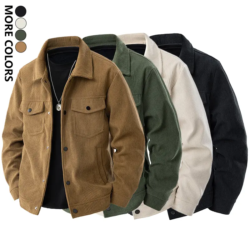 Men's corduroy work jacket, men's solid color long-sleeve jacket, multi-pocket flap design, casual long-sleeve button collar, suitable for autumn and winter outdoor wear, regular fit for everyday casual wear