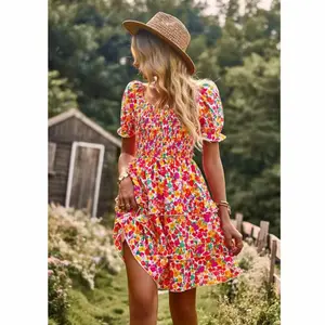 Women's Blue Floral Print Bubble-Sleeve Tiered Dress with Ruffles and Puff Sleeves for Summer