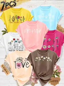Women's 7-Pack Casual Short-Sleeve Crew Neck T-Shirt, Plant Floral Faith Slogan Print, Multiple Colors Available, Machine Washable, Spring & Summer Top, Soft Skin-Friendly Fabric, Daily Versatile, Fashion Design