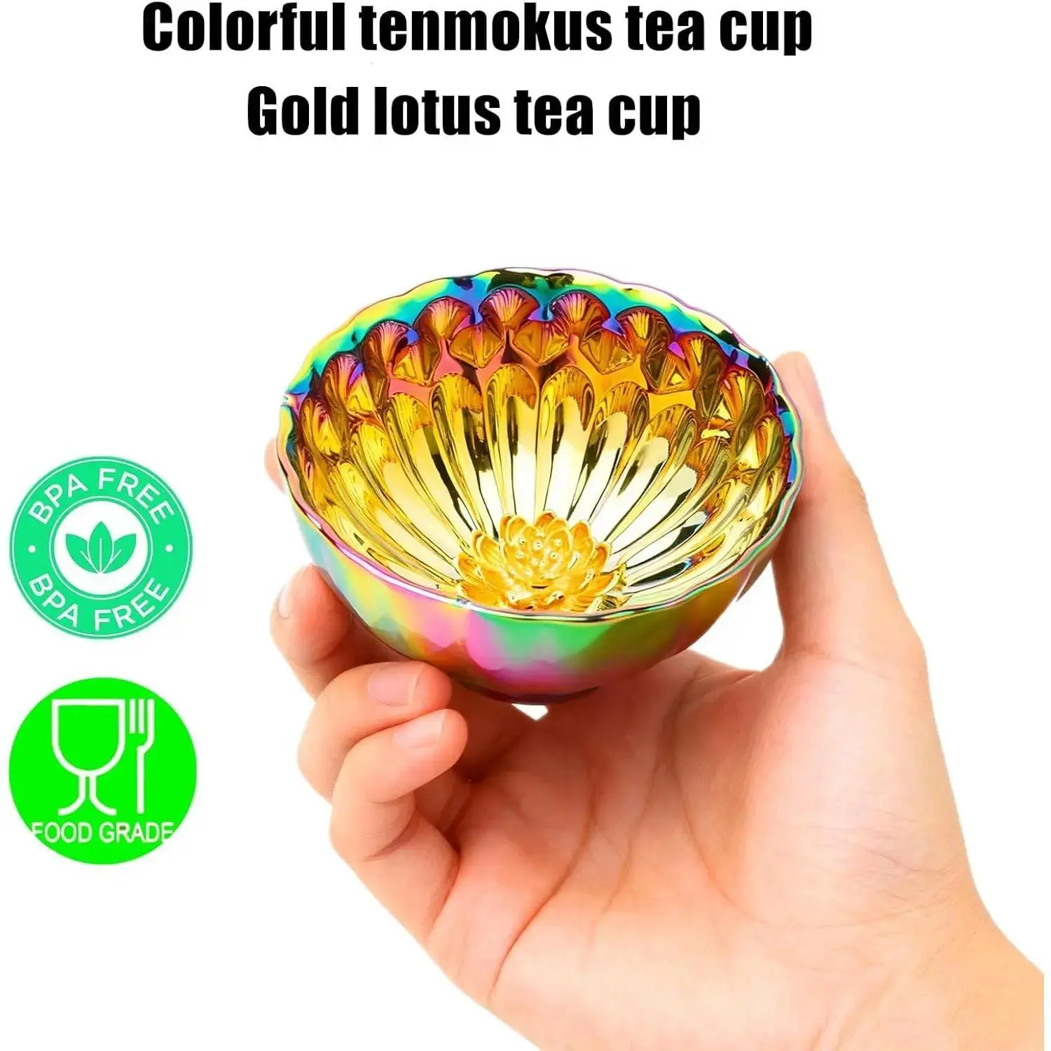 Golden Tenmoku Tea Cup with Lotus – 5oz Jianzhan Ceramic Teacup, Colorful Chinese Cha Wan Bowl for Master Cup, Gifts, Collection & Art Décor royal teacup