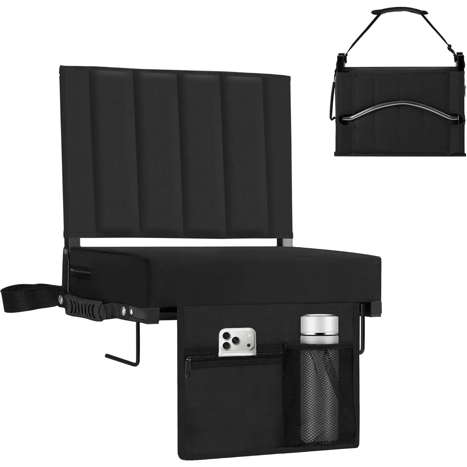 Portable Sports Folding Stadium Bleacher Seat with Back Support, Wide Comfy Padded Cushion, Metal Hook, Shoulder Strap, Carry Handle, Cup Holder