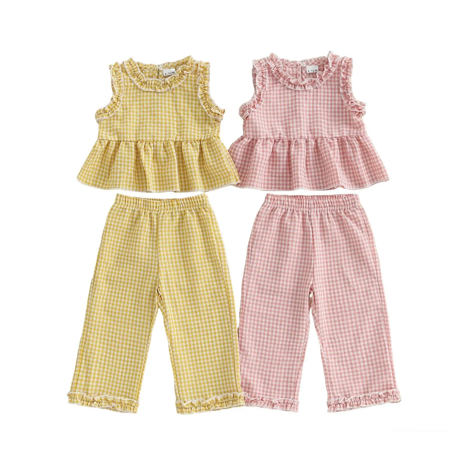 Toddler Baby Girl Pants Set Plaid Frill Trim Sleeveless Ruffle Tank Tops Elastic Waist Pants 2 Piece Outfit 6M-4Y