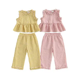 Toddler Baby Girl Pants Set Plaid Frill Trim Sleeveless Ruffle Tank Tops Elastic Waist Pants 2 Piece Outfit 6M-4Y