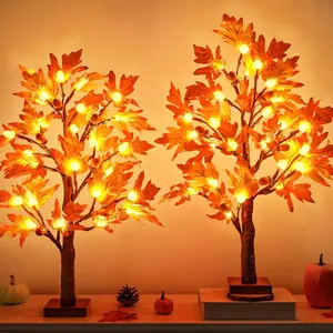 [2 Pack & Timer] 24 Inch Lighted Fall Maple Tree for Fall Decorations with 48 LED Timer Battery Operated Artificial Fall Light up Trees for Home Indoor Outdoor Autumn Harvest Thanksgiving Table Decor