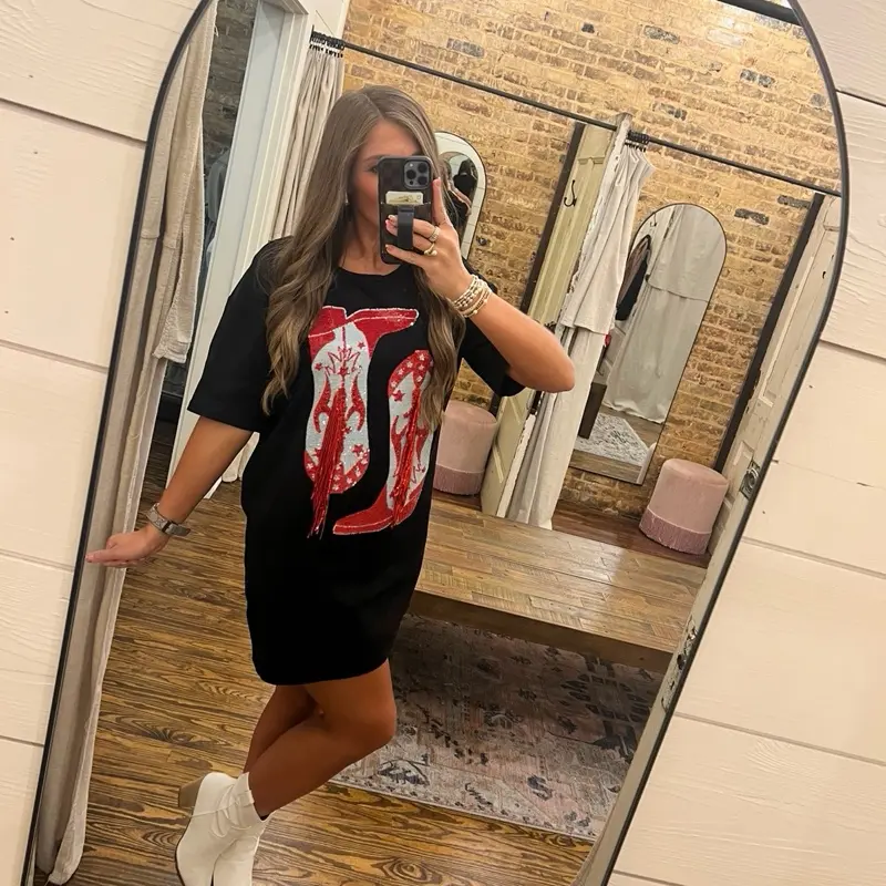 Cotton Sequin Western Cowboy Dress Black - T-Shirt Dress - Western Wear - Country Music Concert Outfit