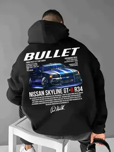 Unisex Oversized Graphic Hoodie Vintage Car & Letter Print Streetwear Loose Sweatshirt for Casual Daily Wear All Seasons