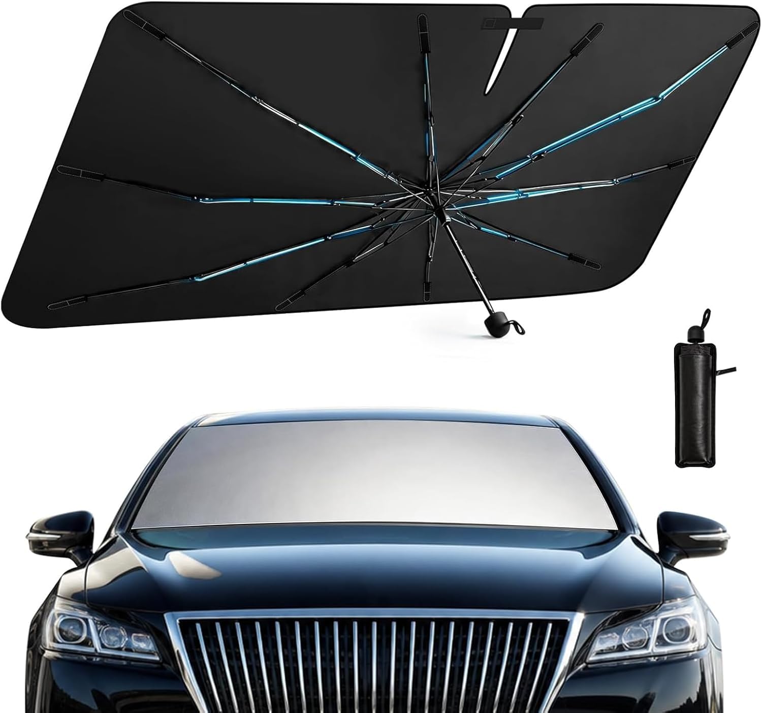 Two Packs [Upgraded] Windshield Sun Shade Umbrella - [Vinyl Coating Heat Shield] Protect Car from Sun Rays & Heat Damage Keep Cool and Protect Interior, Spring Structure Edge Medium 56" L x 31" W, Durable Sun Shade, Shade For Car Window