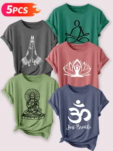5PCS Yoga & Spiritual Themed Women's Casual Short Sleeve Crew Neck Cotton T-Shirt Set – Bestselling Minimalist Graphic Print, Multicolor, Machine Washable Spring & Summer Top, Soft Skin-Friendly Fabric, Daily Versatile, Fashion Design