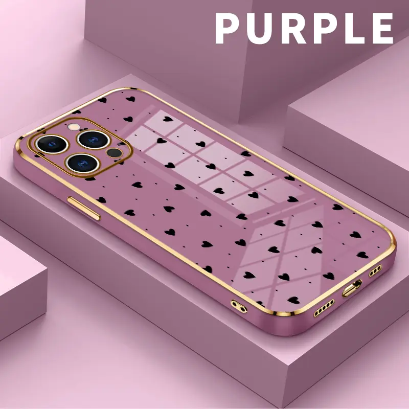 Electroplated Golden Edge Smartphone Case, Handheld Casing for iPhone 11-16 (11,12,13,14,15 Plus,16 Pro Max,XR,XS) with Heart Dots Pattern, Full Body Protection Lightweight Shockproof Soft Silicone Mobile Phone Accessories Cover, Lightweight Shockproof Co