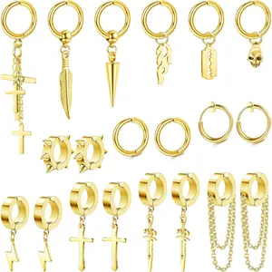 Milacolato 26Pcs Lightweight Steel Coated Stainless Steel Non-Pierced Clip-On Earrings - Cross Shapes, Feather Motif, Lightning, Spike, Skull, Dangle Type, Huggie Hoop Fake Earrings Set (Black, Silver, Gold Tone)