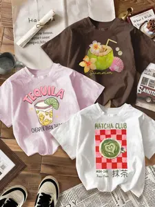 Breathable Casual T-Shirt, Loose Fit Round Neck Design, Coconut & Lemon Juice & Matcha Print, Fashion Comfort, Daily Wear, 3 Pack