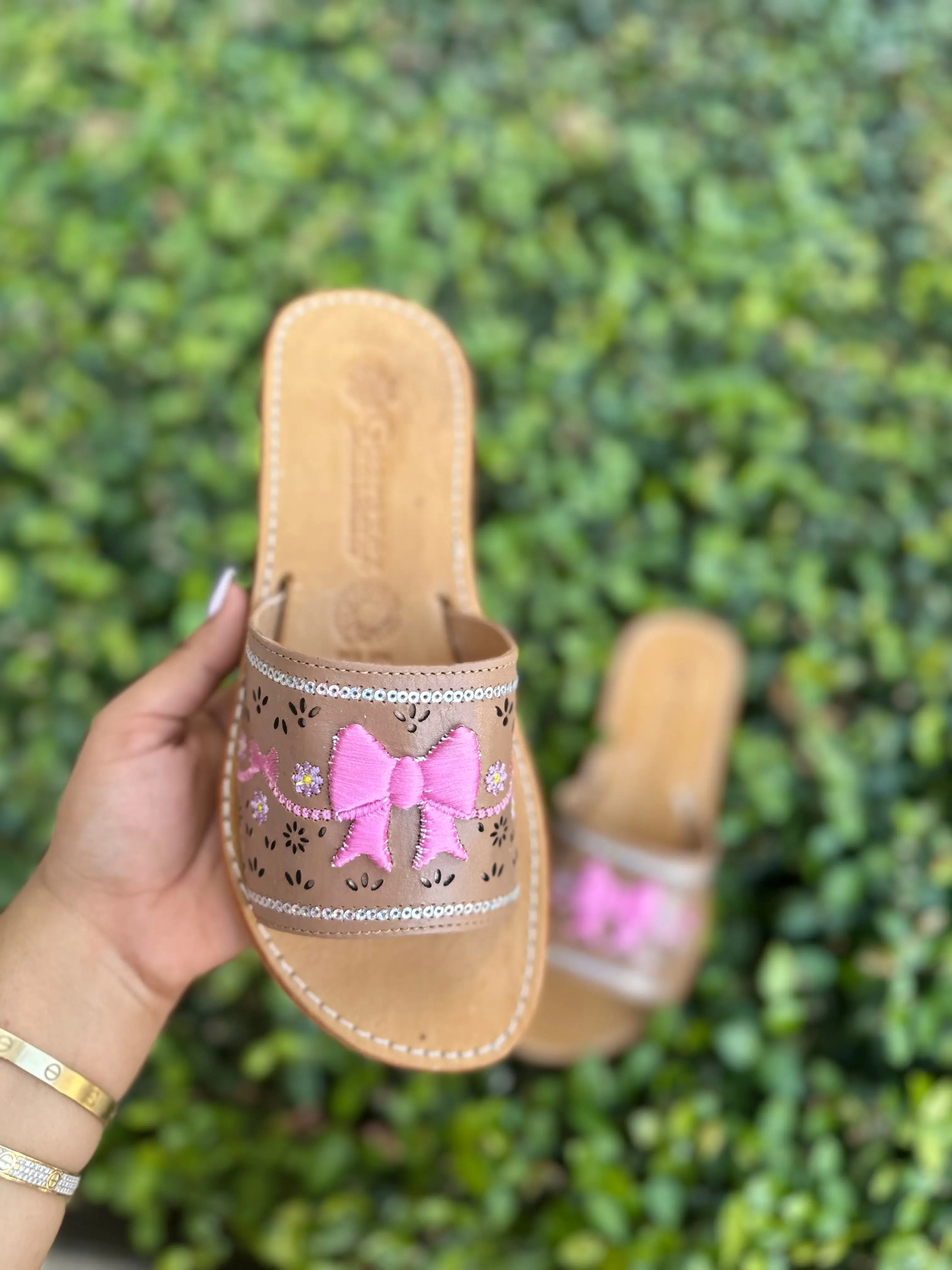 Coquette Tan Pink Bow Sandals