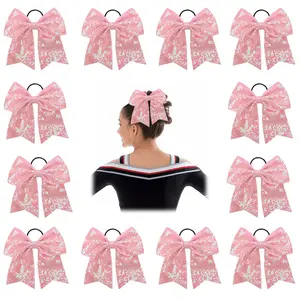 Oaoleer 12PCS 7" Large Sequin Cheer Bows, Sparkly Cheerleader Hair Bows With Ponytail Holder Elastic Band Handmade Hair Accessories For Cheerleading Teen Girls College Sports