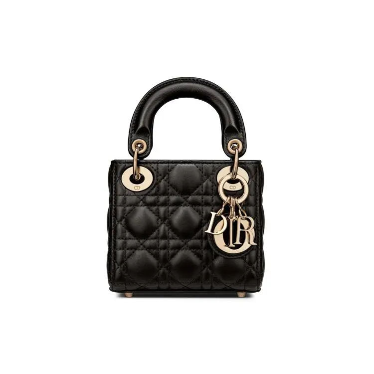 Women's Dior Lady Dior Mini Lamb Leather Handbag - Black, Cannage Pattern, Adjustable Strap, Gold Logo Pendant