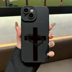 Phone Case: Black Cross and Crown of Thorns Frosted Phone Case Skin Friendly Feel Lens Full Coverage Drop Protection Suitable for IPhone17 11 12 13 14 15 16 Pro Max Air Plus Great Gift Pick
