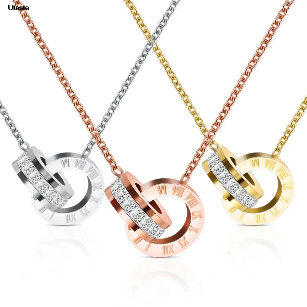 Trendy Fashion Jewelry 18K Gold Plated Stainless Steel Interlocking Circles Infinity Style Roman Numbers Wedding Statement Collar Necklace For Women Everyday Wear Gift Accessory