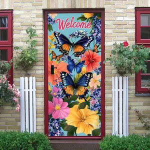 2pcs   Welcome Spring Summer Flower Butterfly Wall Stickers for Home Decor Removable Waterproof Vinyl Decals for Living Room Bedroom Front Door Window Kitchen Bathroom Garden Party Decoration Art Deco