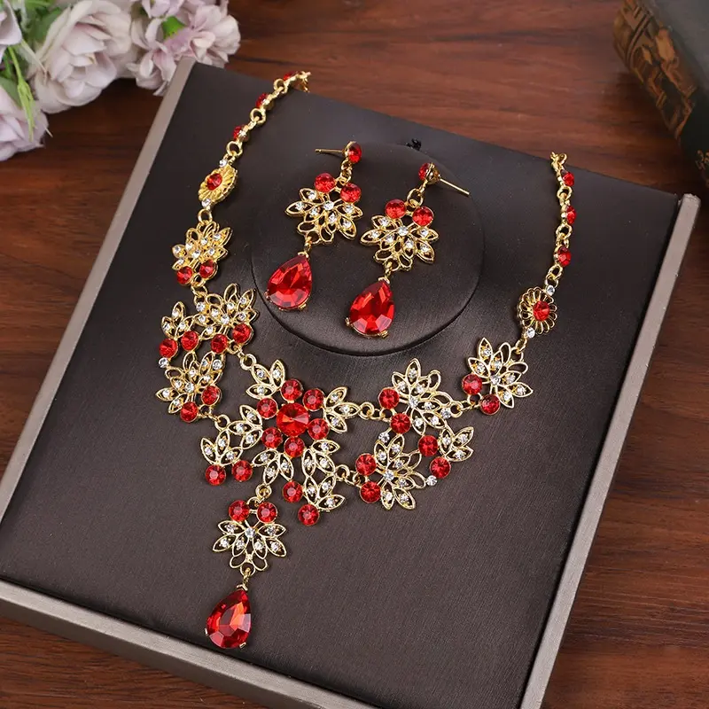 2Pcs Silver Tone Blue Rhinestone Bridal Jewelry Set, Hollow Floral Statement Necklace & Drop Earrings, Sparkling Teardrop CZ Formal Accessory for Wedding Prom Banquet Engagement Stage Performance