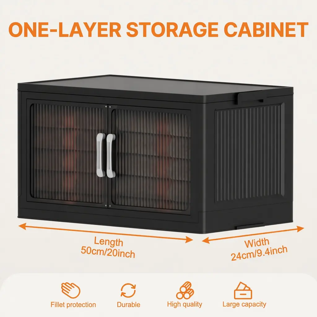 Foldable Plastic Storage Cabinet with Wheels, Stackable Collapsible Storage Organizer with Double Doors, 3‑Second Quick Assembly, Mobile Storage Unit for Bedroom Living Room Bathroom