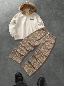 Men's Casual Hooded Sweatshirt Set, Long Sleeve Tree Print Pants, Winter Two-Piece, Detachable Fur Collar, Streetwear Commuter Comfort