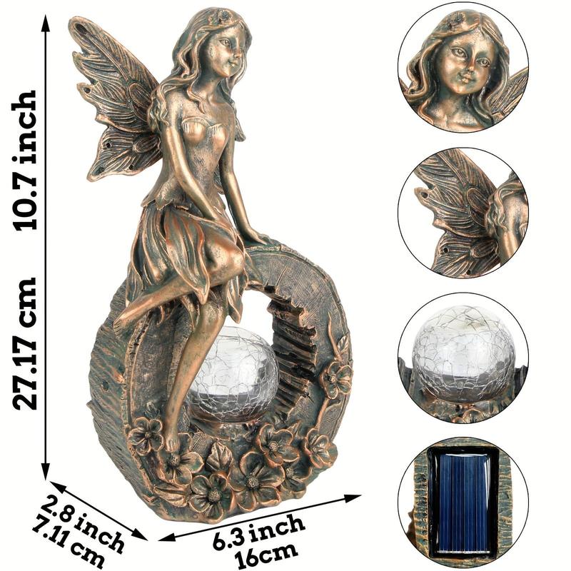 10.7 Inches Garden Outdoor Statue, Flower Fairy Decor, Solar Powered Resin Figurine, Light Sculpture For Yard Lawn Patio Balcony Decoration, Housewarming Gift