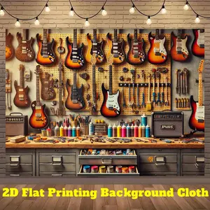 2D Flat, 1pc Music Studio Backdrop - Guitar & Musical Instruments Workshop Banner with Electric Guitars, Realistic Guitar Walls Decor for Photography, Live Streams, Birthday Parties - Durable Polyester Fabric Background Cloth Flag, Party Decoration,