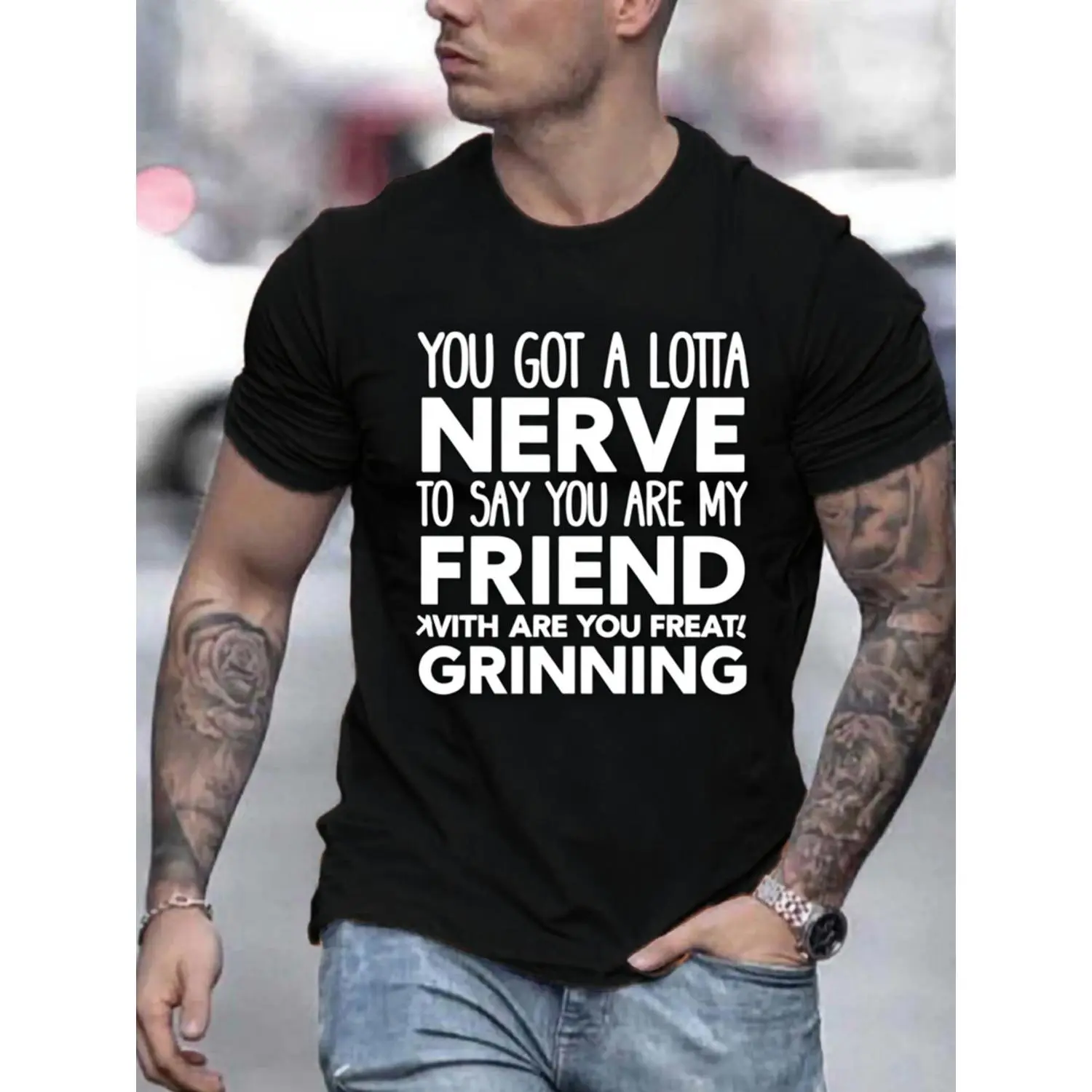 Men's Round Neck Short-Sleeve Graphic T-Shirt - Black, 200G Heavyweight, Casual Menswear, Comfortable, Suitable for Parties, Dates, Sizes S