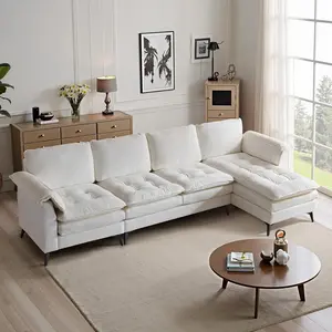 VINGLI 129'' Reversible Sectional Couches for Living Room,L-Shaped Couch Sofa Set with Chaise,Comfy Cloud Couches in Lattice Decored Seat Cushion with Double Pads, Creamy-White