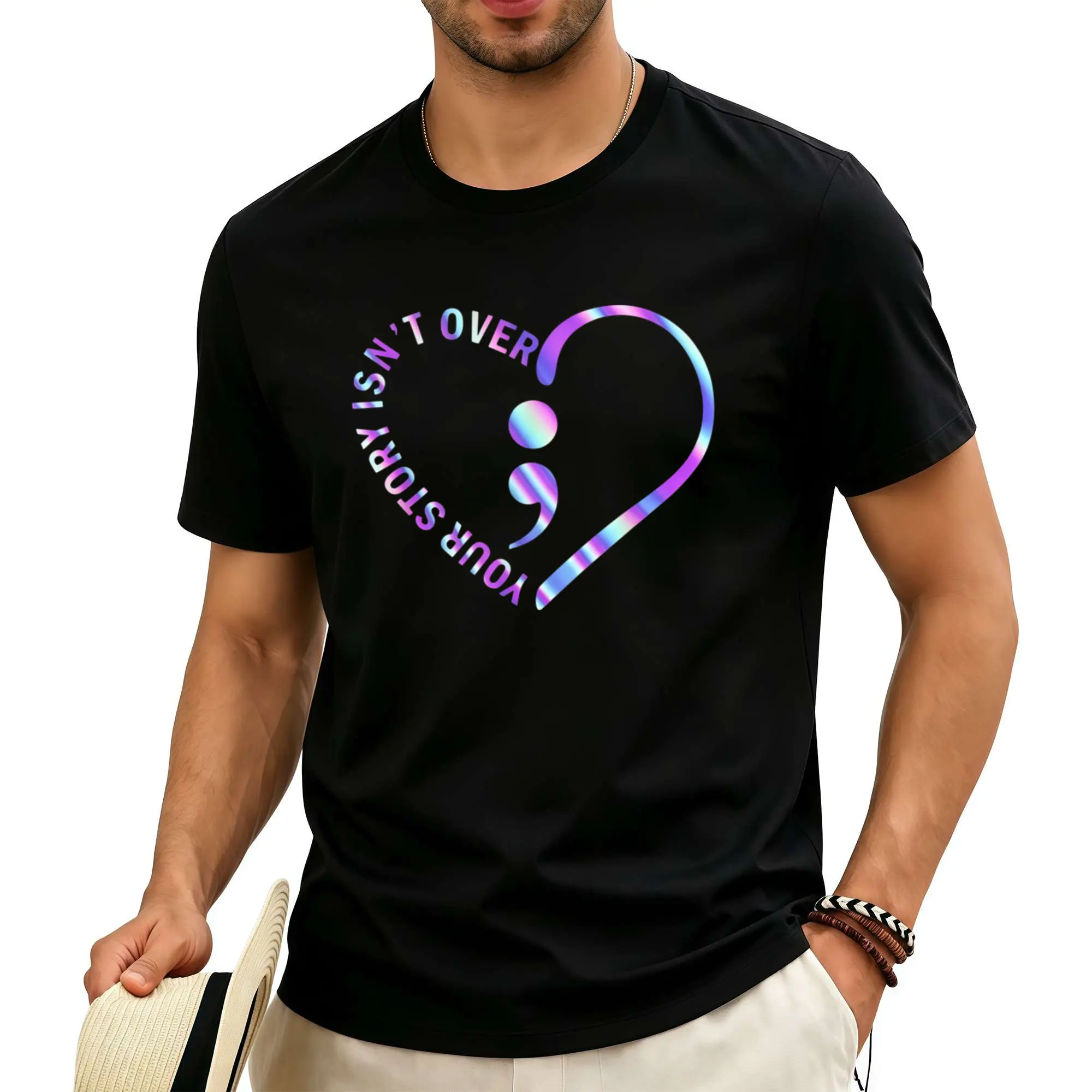 Men's Heavyweight Suicide Prevention T-Shirt - Mental Health Awareness Shirt with Your Story Isn't Over Yet & Suicide Prevention Ribbon Heart Graphic Soft Comfortable Casual Round Neck Te Design Street Trending Style Casual Love Lover Tee Men's