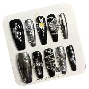 M73 Cool Girl Black long ladder type hand removable press on nails