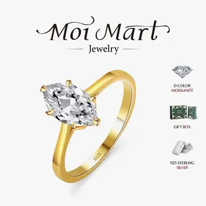 MOI MART Marquise Cut Synthetic Moissanite Solitaire Ring, 6-Prong S925 Silver Gold-Plated Design, Perfect for Engagement & Daily Wear