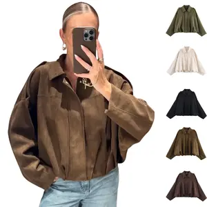 Kingapril Women's Oversized Faux Suede Bomber Jackets Streetwear Outerwear - Plain Solid Color Long Sleeve Drop Shoulder Fashion Forward Classic Style
