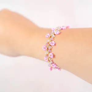 Three Row Flower Bracelet, Pink Beaded Womens Bracelet, Dainty Handmade Floral Bracelet, Lightweight Everyday Bracelet, Unique Gift Ideas  Anniversary