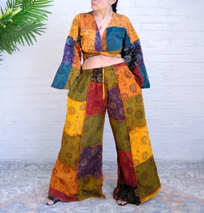Patchwork Palazzo Pant with Flare Sleeve Top, Boho  Wide Leg Pants + Tie Top, Cotton Trousers, Celestial Prints, Hippie Style, Summer Style, Plus Size, Colorful Whimsical Outfit