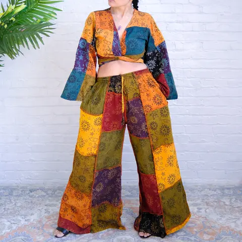 Women's 2-Piece Bohemian Cotton Clothes Set - Adjustable Tie Flare Long Sleeve Top + Patchwork Celestial Print Wide Leg Palazzo Pants, Plus Size Style Summer Whimsical Outfit for Women