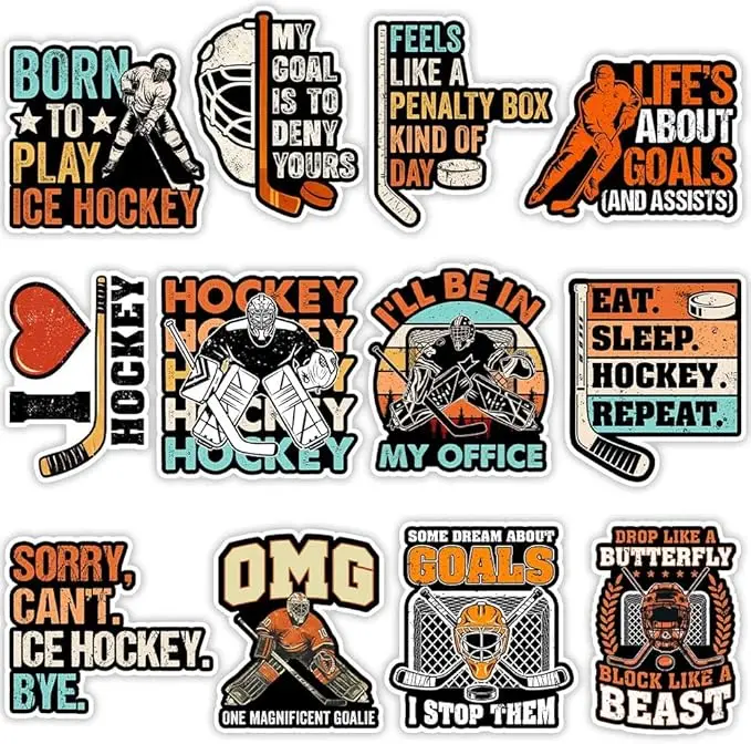 12Pcs Ice Hockey Goalie Stickers Pack, Waterproof Vinyl Decals for Players Goalie Fans, Funny Hockey Quotes Sticker Set for Helmet Laptop Water Bottle Car, Sports Gift