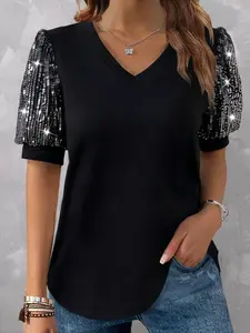 Plus Size Contrast Sequin V Neck Puff Sleeve Tee, Summer Clothes Women, Fashion Casual Short Sleeve T-Shirt for Daily Holiday Vacation Outdoor Wear, Women Plus Clothing for Summer, Tops