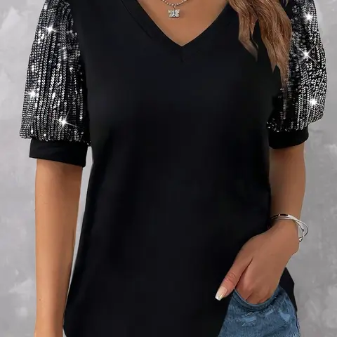 Plus Size Contrast Sequin V Neck Puff Sleeve Tee, Summer Clothes Women, Fashion Casual Short Sleeve T-Shirt for Daily Holiday Vacation Outdoor Wear, Women Plus Clothing for Summer, Everyday Tops, Tops, Womenswear, Lady