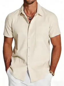 Men's Front Pocket Design Solid Color Corduroy Short Sleeves Shirts Men's Breathable Summer Polo Set Menswear Top button shirt hellstar shirt halloween shirt breezy bowl shirt Casual Loose Fitted Beige gifts for men adults Shortsleeve Plain