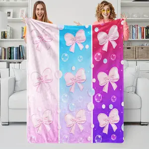 Dreamy Gradient Bow Bubble Digital Printed Flannel Blanket, Ultra Soft Plush Warm Blanket, Girly Gift Blanket, Lightweight Cozy Nap Blanket, Suitable For Bedroom, Sofa, Traveling, All Seasons