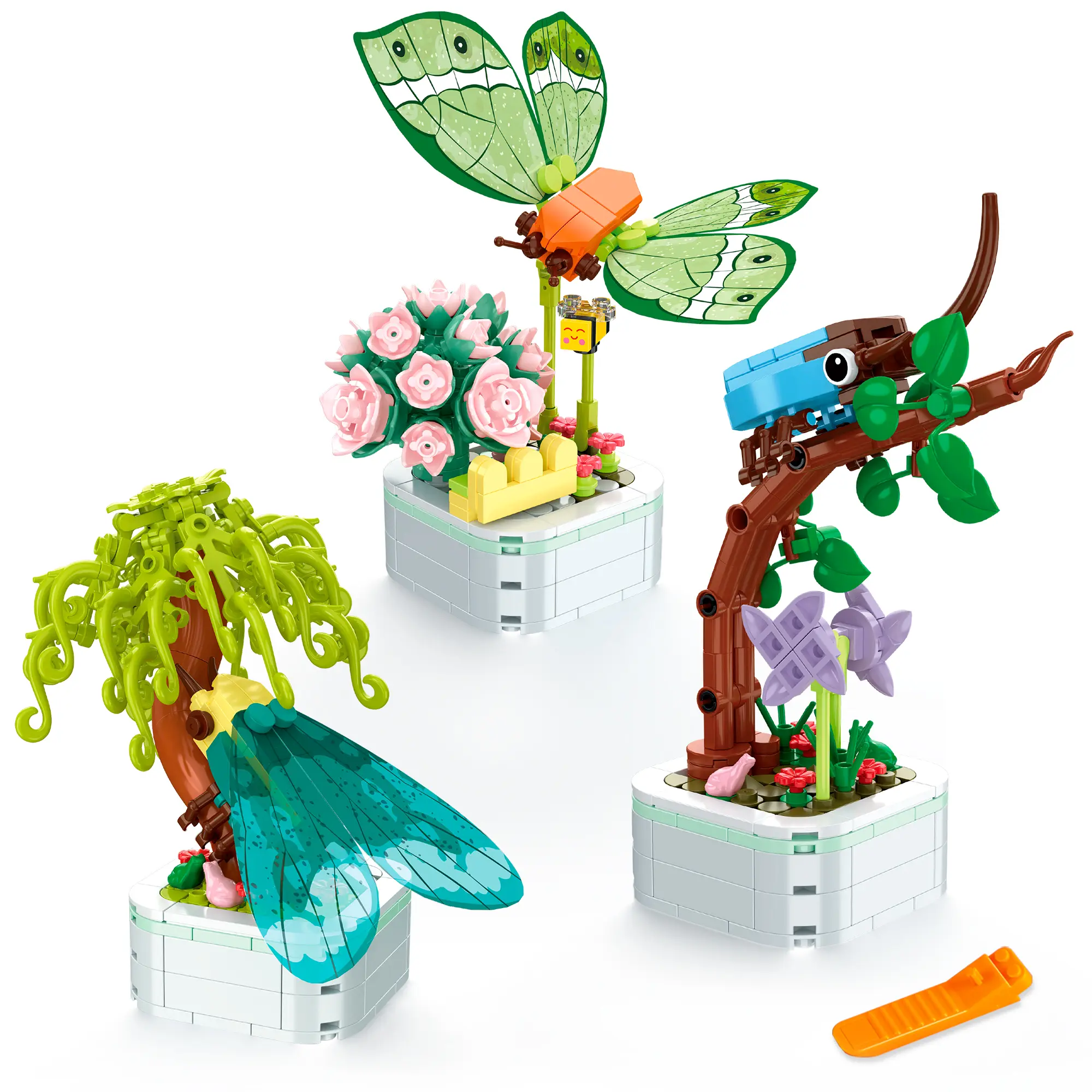 Insect Collection Building Set, Fun Gift for Nature Lovers and Kids 6+, 3-Pack Potted Flower Insect Building Block Toy with Butterfly, Cicada, Rhino Beetle.
