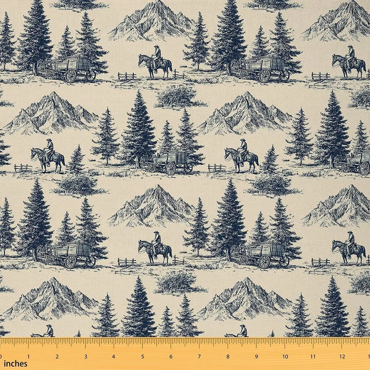 Western Cowboy Fabric Sketch Pine Trees Mountain Fabrics Sewing Supplies 70s 80s Southwestern Cowboy Fabric DIY Soft Flannel Polyester No Stretch