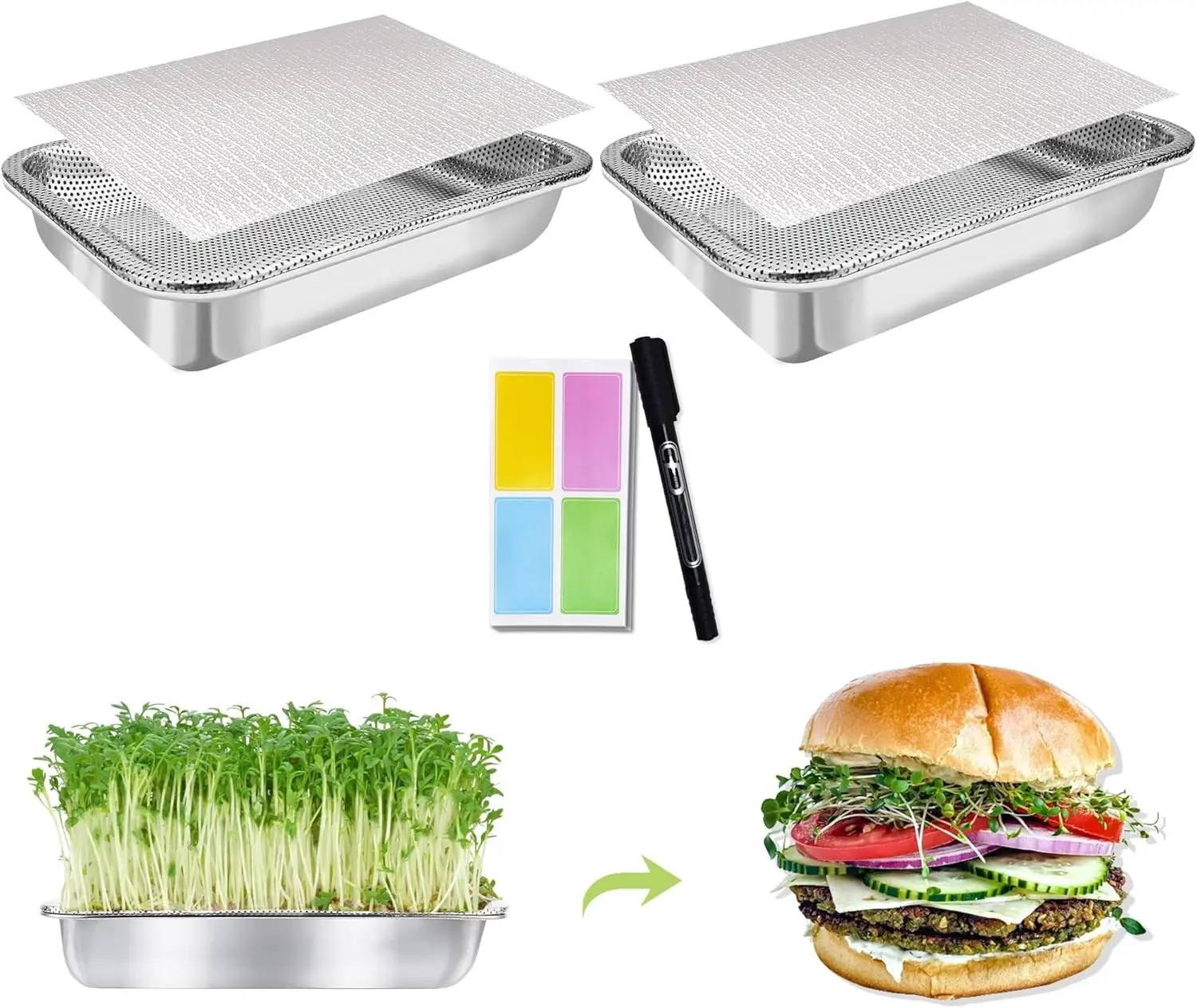 Stainless Steel Sprouts Growing Kit 2-Tier 10.4 inch Trays, Microgreens Growing Kit, Seed Sprouting Tray with Encrypted Mesh Sprouts for Beans Alfalfa Broccoli Wheat Grass